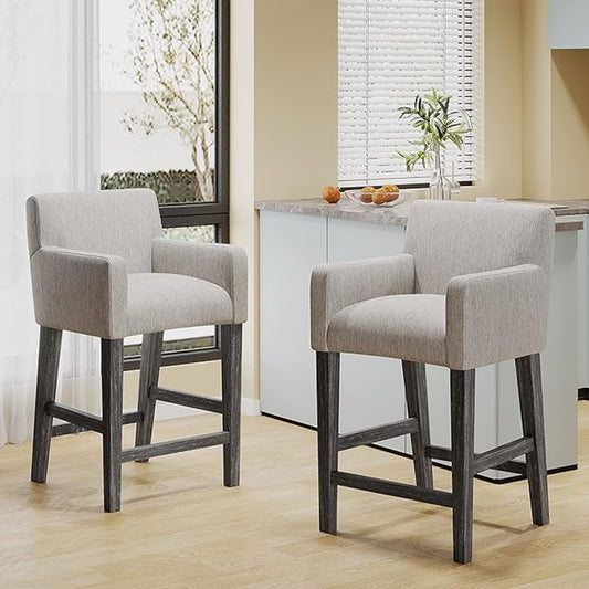 Sheldon - Set of 2 - 26" Upholstered Counter Stools with Light Gray Fabric and Rubberwood Frame