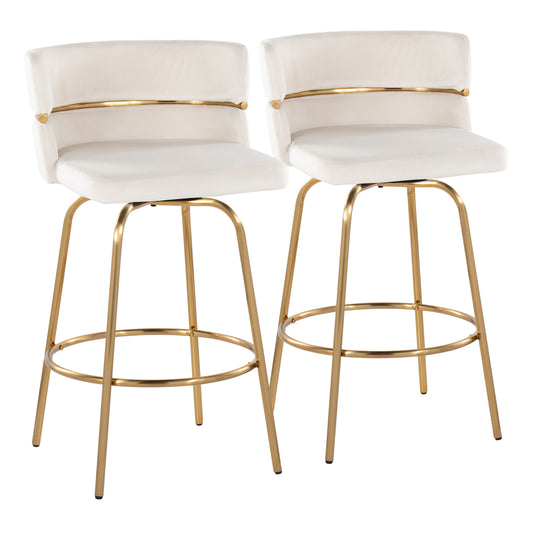 Azalea - Set of 2 - 26" Cream Velvet Swivel Counter Stools with Gold Metal Frame