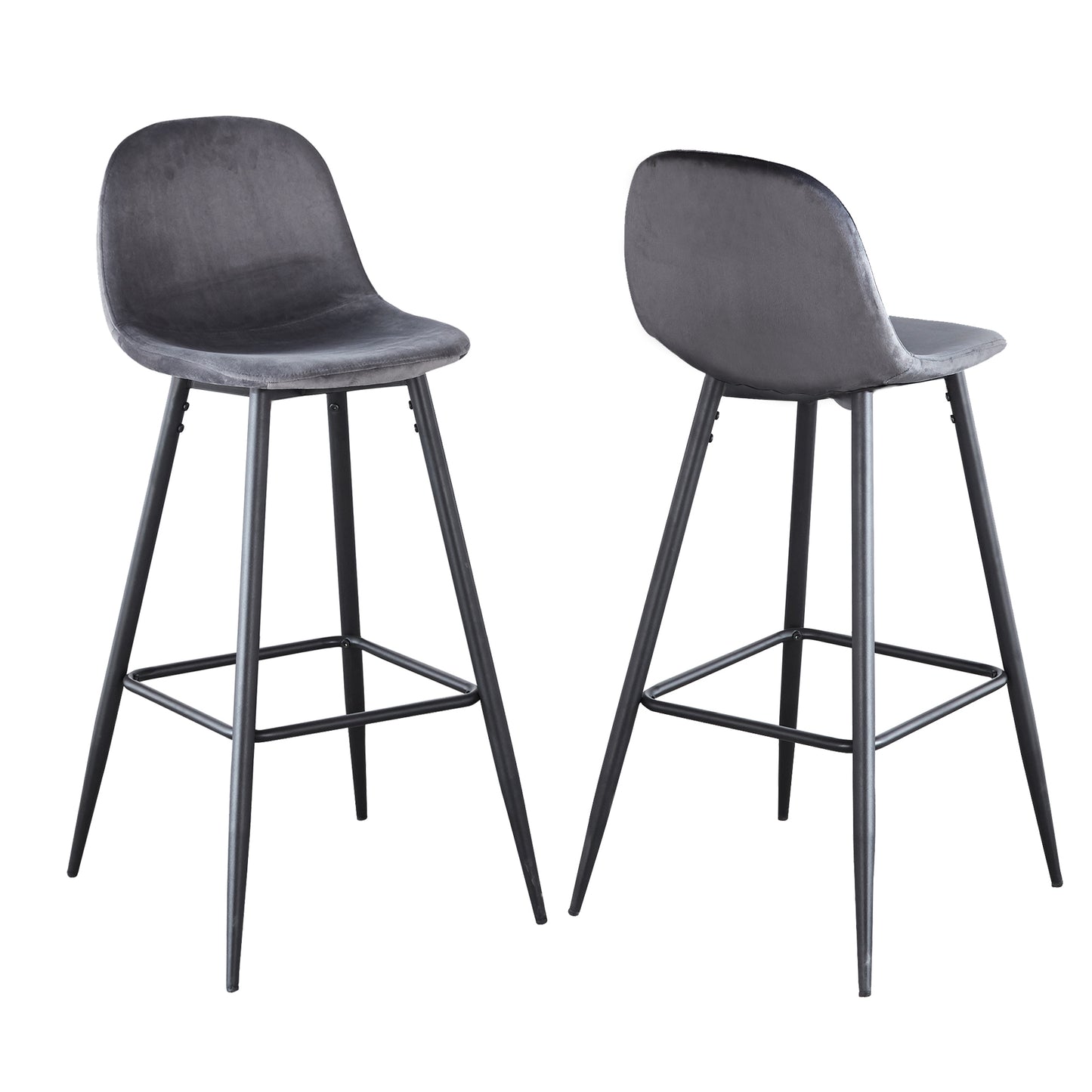 Nero - Set of 2 - 30" Dark Grey Velvet Bar Stools with Backrest, Black Metal Legs, and Footrests