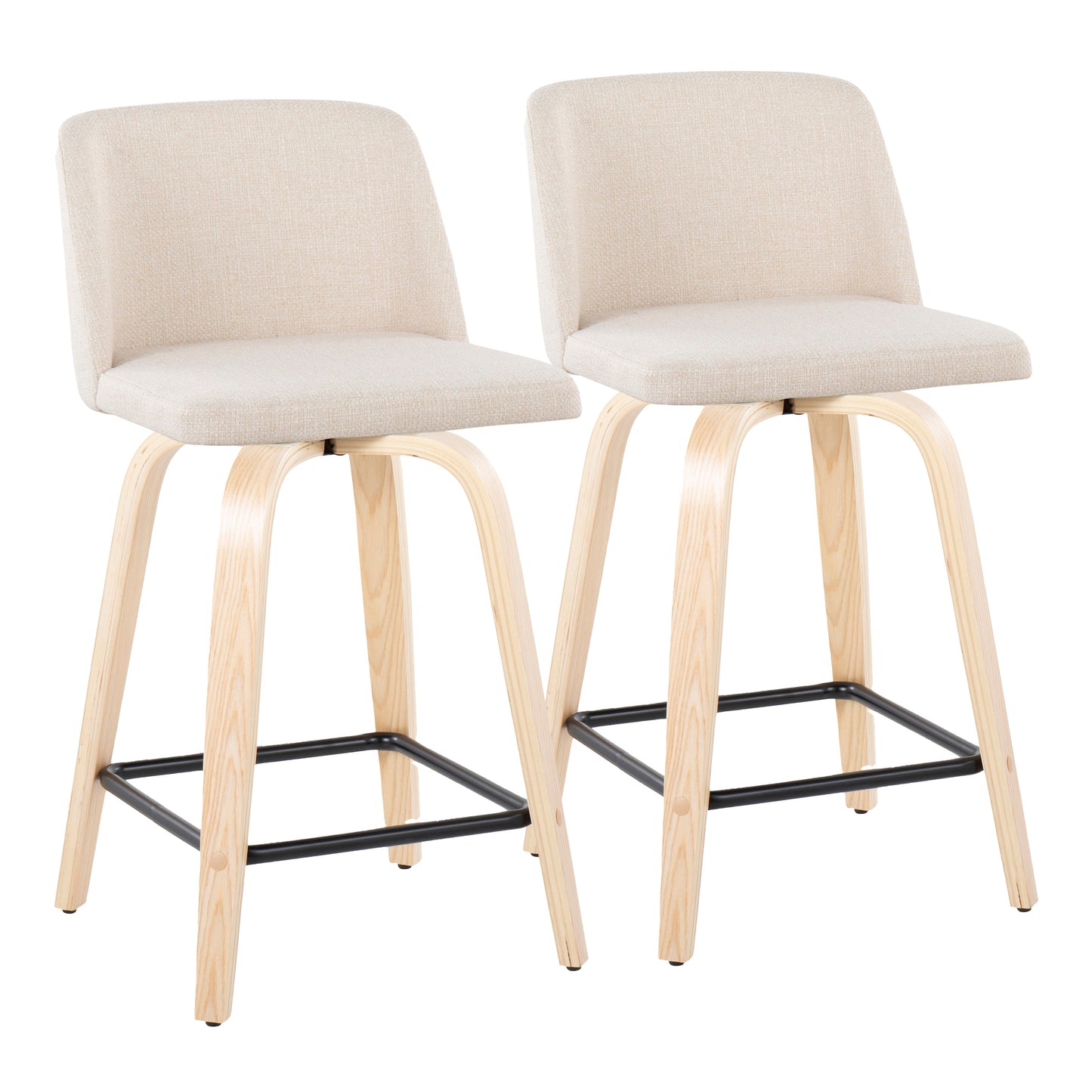 Torien - Set of 2 - 24" Fixed Height Counter Stools with 360° Swivel, Natural Wood Frame, Cream Upholstered Seat, and Square Black Metal Footrest by LumiSource