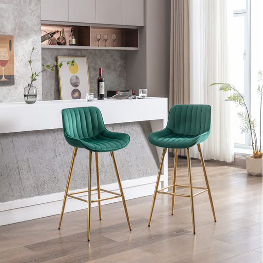 Harclyn - Set of 2 - 30" Velvet Fabric Bar Stools with Chrome Footrest, Golden Legs, High Back, Green