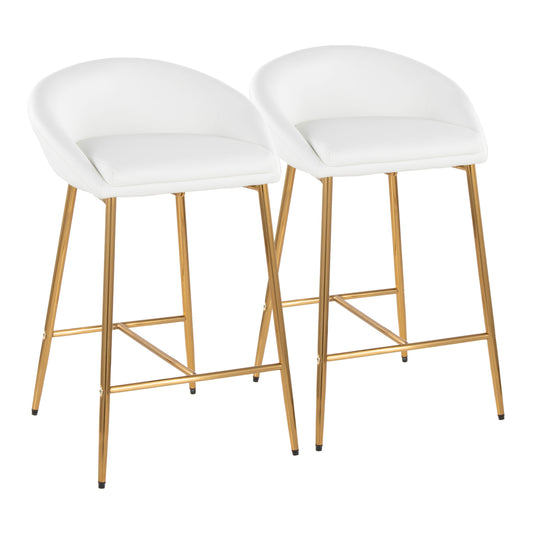 Mariple - Set of 2 - 26" Counter Stools with White Faux Leather Upholstered Seat and Gold Trestle-Style Metal Base