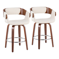 Stratford- Set of 2 - Cream Mid-Century Modern Counter Stools in Walnut with Fabric Upholstery