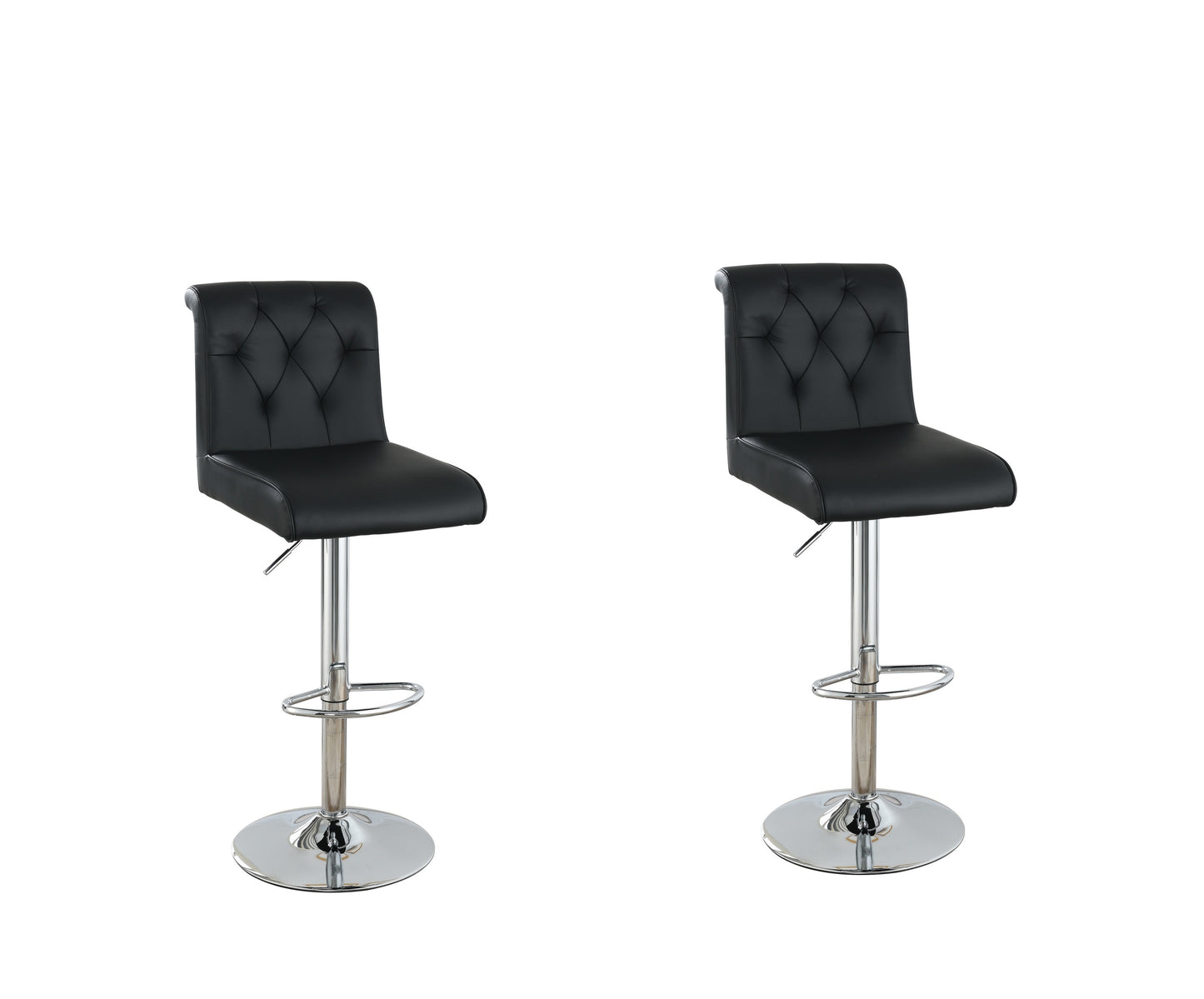 Luent – Set of 2 – 24" Adjustable Black Bar Stools with Tufted Back, Gas Lift, Chrome Base, and Faux Leather Upholstery