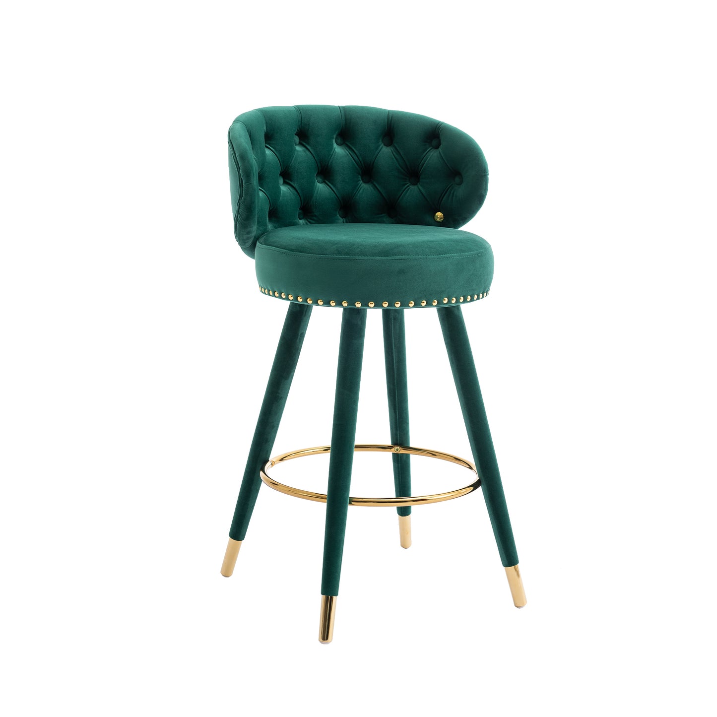 Lurian - Set of 2 - 28" Emerald Velvet Swivel Counter Height Bar Stools, Solid Wood Legs, Ergonomic Backrest, Retro Design