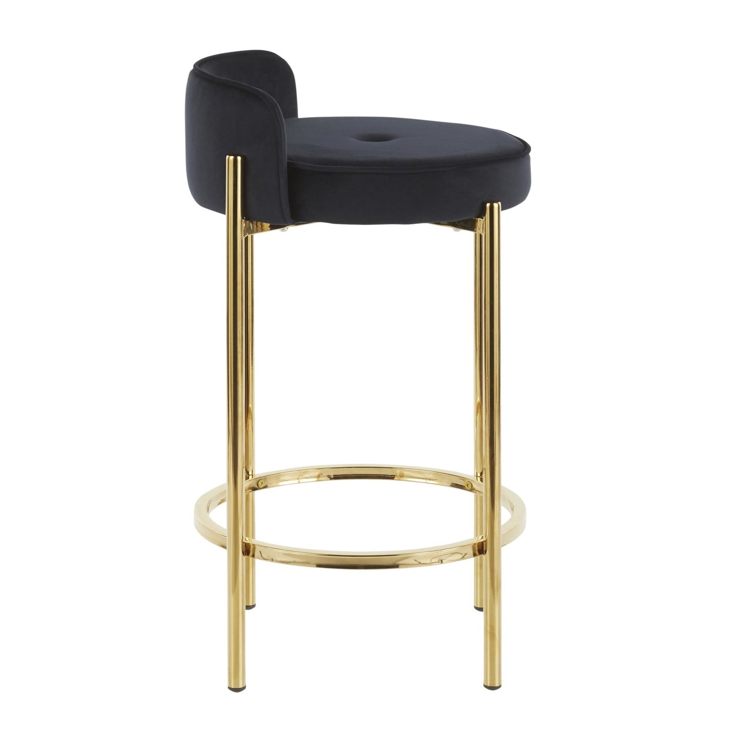 Ismene - Set of 2 - 29" Gold Metal Counter Stools with Black Faux Leather in a Contemporary Design