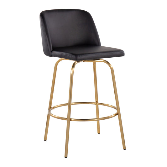 Teona - Set of 2 - 26" Black Faux Leather & Gold Metal Swivel Counter Stools with Round Footrest