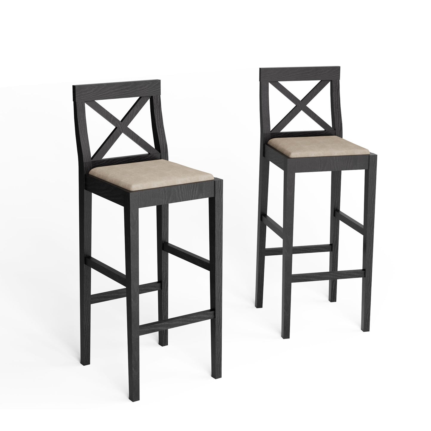 Harcourt - Set of 2 - 31" Matte Black Wood & Fabric Counter Height Bar Stools, Comfortable Padded Seat & Footrest