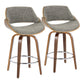 Lucetta - Set of 2 - 26" Mid-Century Modern Fixed-Height Counter Stools in Walnut Wood & Noise Grey Fabric with 360° Swivel and Chrome Footrest