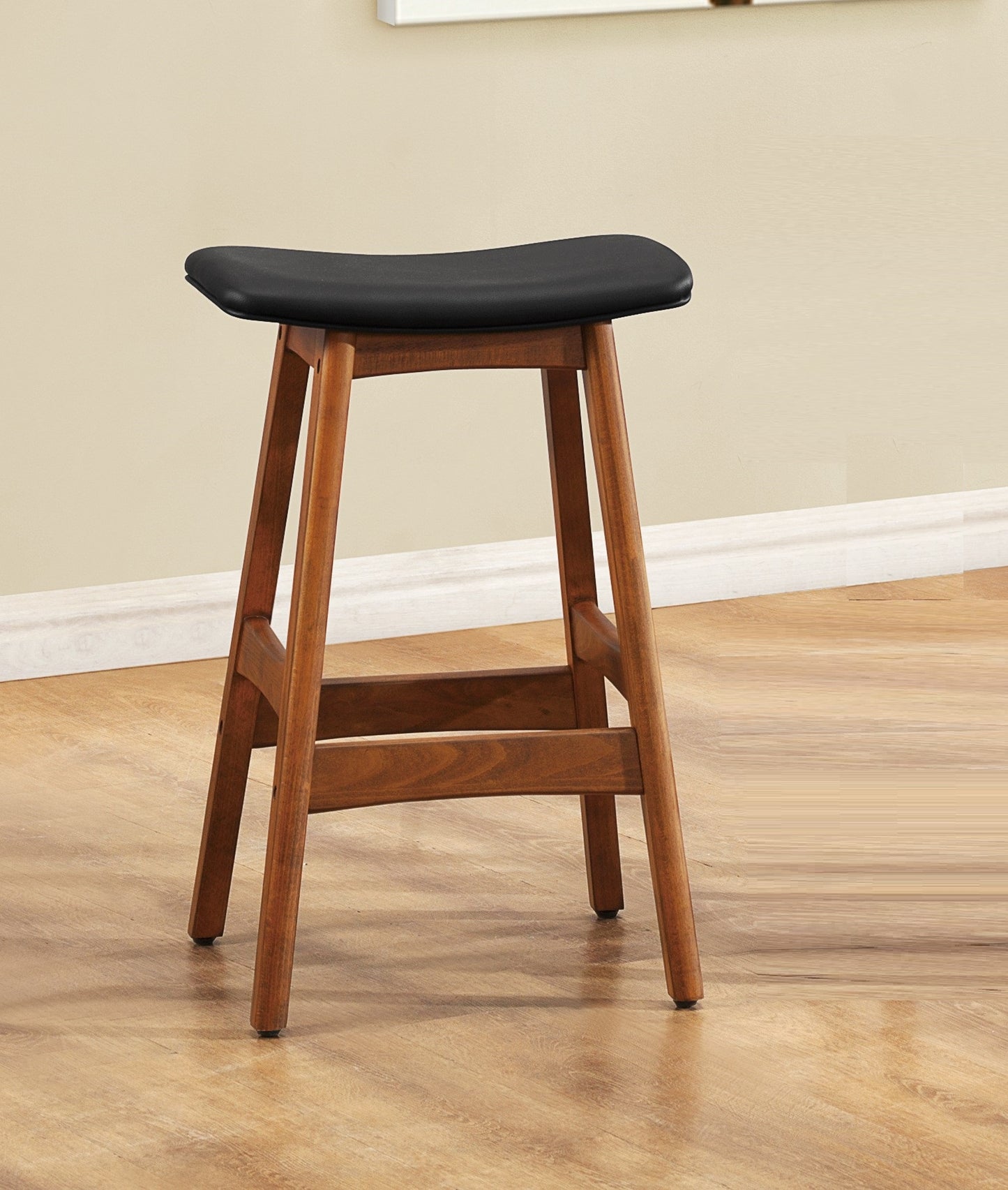 Zenithal Set of 2 - 26" Black Swivel Solid Wood Counter Stools - Walnut Finish Faux Leather - Mid-Century Modern Design