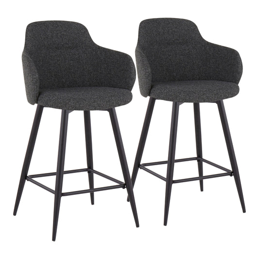 Erolis - Set of 2 - 26" Industrial Counter Stools in Black Metal with Grey Fabric Seat, Swivel, and Footrest - Swivel, Footrest