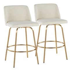 Turanith - Set of 2 - 26" Swivel Counter Stools with Cream Fabric Upholstery, Gold Metal Frame, and Round Footrest