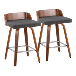 Mapel - Set of 2 - 26" Mid-Century Modern Fixed-Height Swivel Counter Stools with Walnut Wood Frame, Charcoal Fabric Seat, and Chrome Footrest