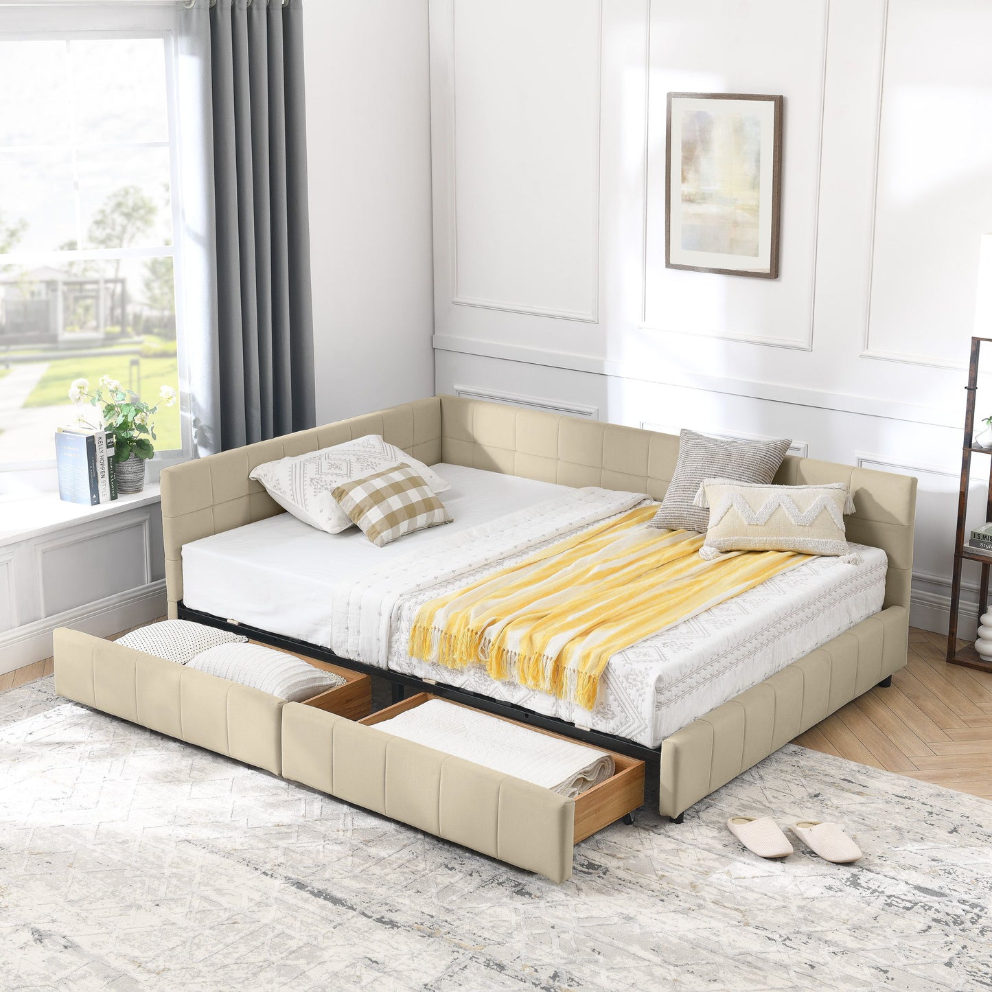 Upholstered Storage Tufted Bed Frame With Backrest And Armrests