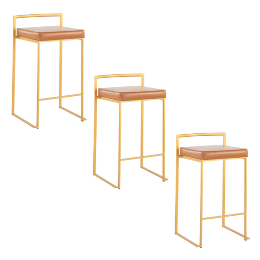 Lysarion - Set of 2 - 29" Gold Metal Stackable Bar Stools with Camel Faux Leather Cushions