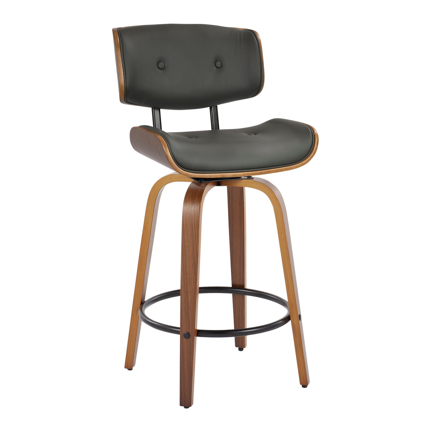 Hindley - Set of 2 - 26" Grey Faux Leather Counter Stools with Walnut Wood Back & Black Metal Footrest