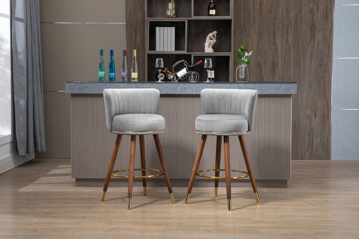 Avira - Set of 2 - 28" Grey Counter Height Swivel Bar Stools with Light Brown Solid Wood Legs, Retro Style and Upholstered Cushions