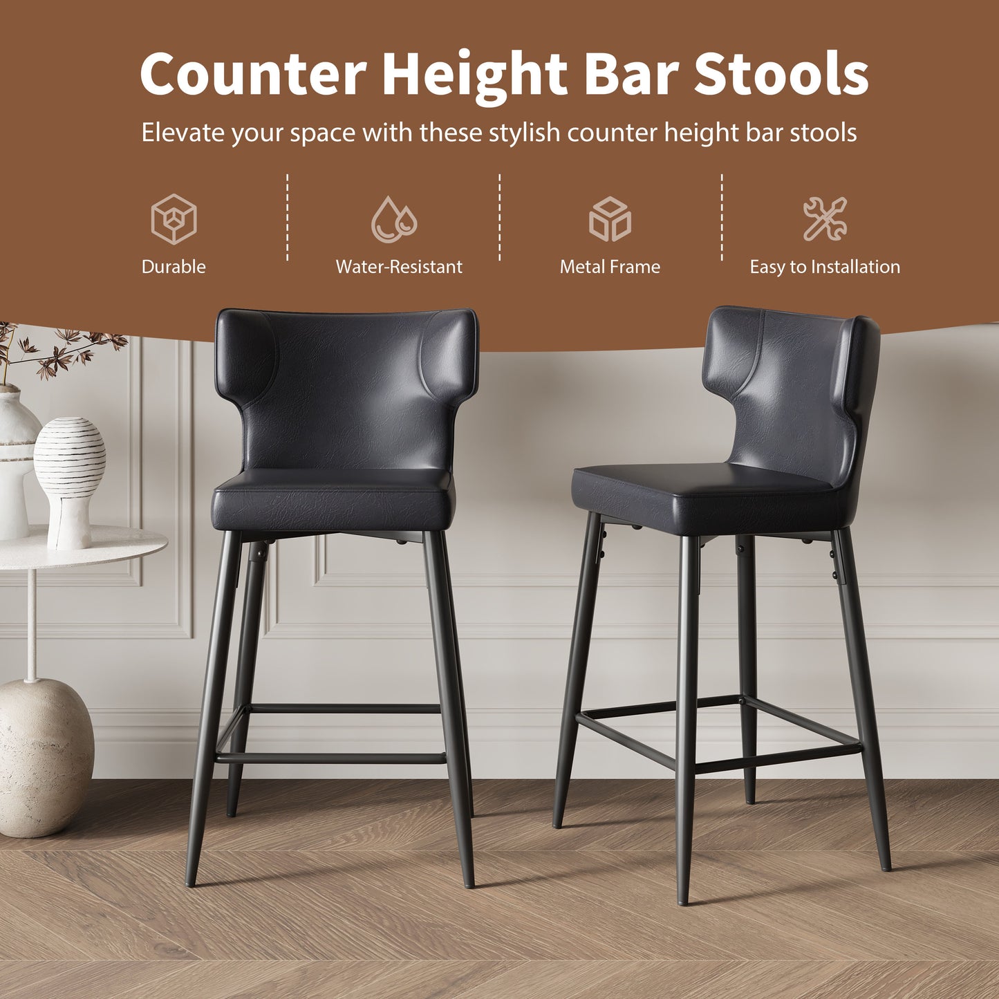 Hveron - Set of 2 - 28"Counter Height Bar Stools, Modern Black Upholstered Chairs with PU Leather, Metal Frame & Footrest for Kitchen Island or Bar Table