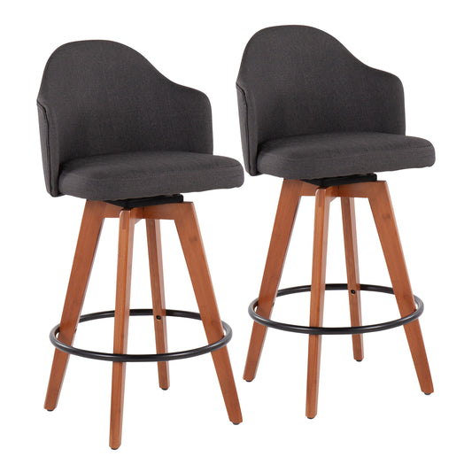 Velin - Set of 2 - 24" Charcoal Fabric Counter Stools with Walnut Bamboo Legs and Swivel Design