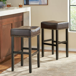 Emery - Set of 2 - 30" Brown Leather Backless Counter Stools with Chrome Nailheads, Modern Design, and Comfortable Padded Cushions