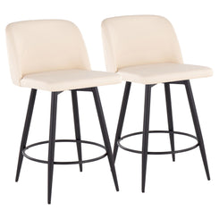 Taisley - Set of 2 - 26" Cream Faux Leather & Black Metal Swivel Counter Stools, Modern Design with Round Footrest