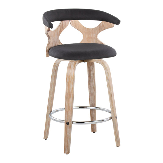 Galviora - Set of 2 - 26" White Washed Wood Swivel Counter Stools with Charcoal Fabric Upholstery and Round Chrome Footrest