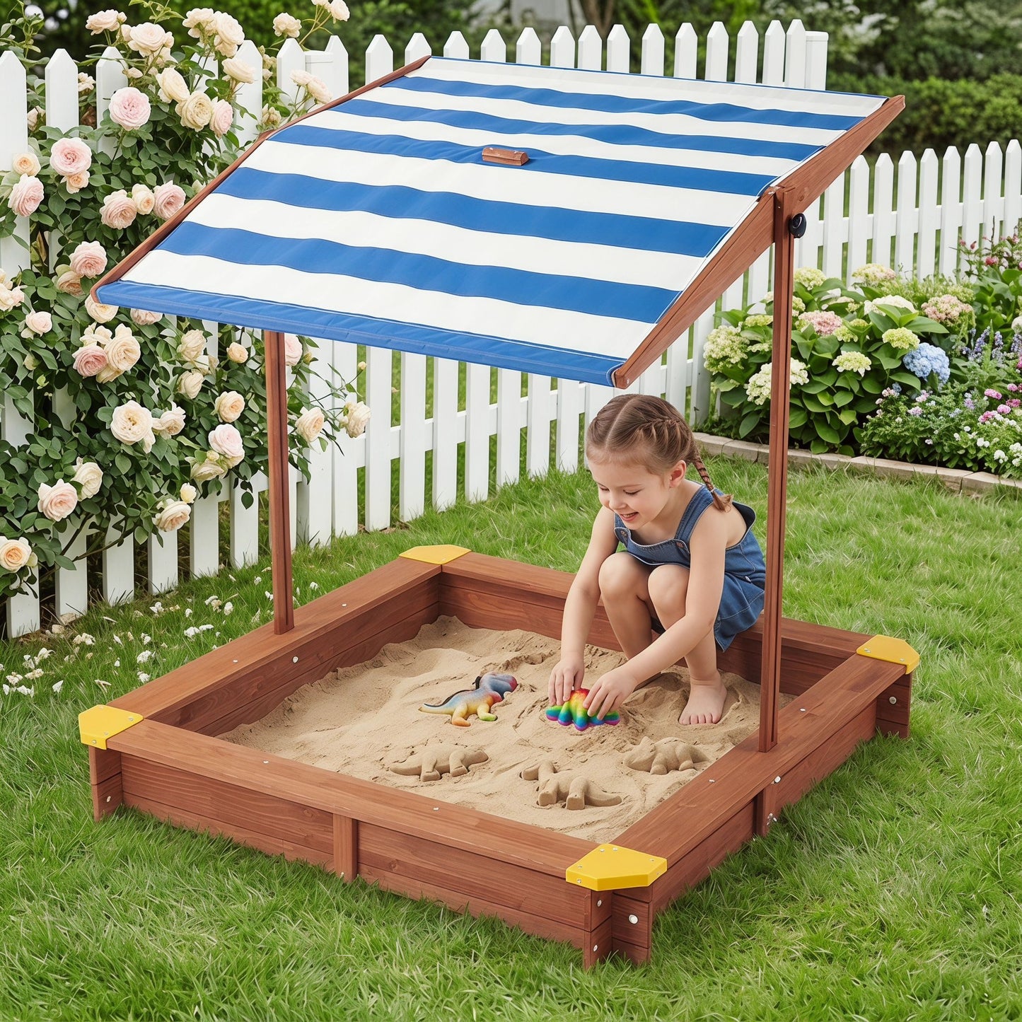 Kids Sandbox With Cover, Sand Box With Adjustable Canopy, Large Outdoor Cedar Sandpit For Backyard Play - Reddish Brown