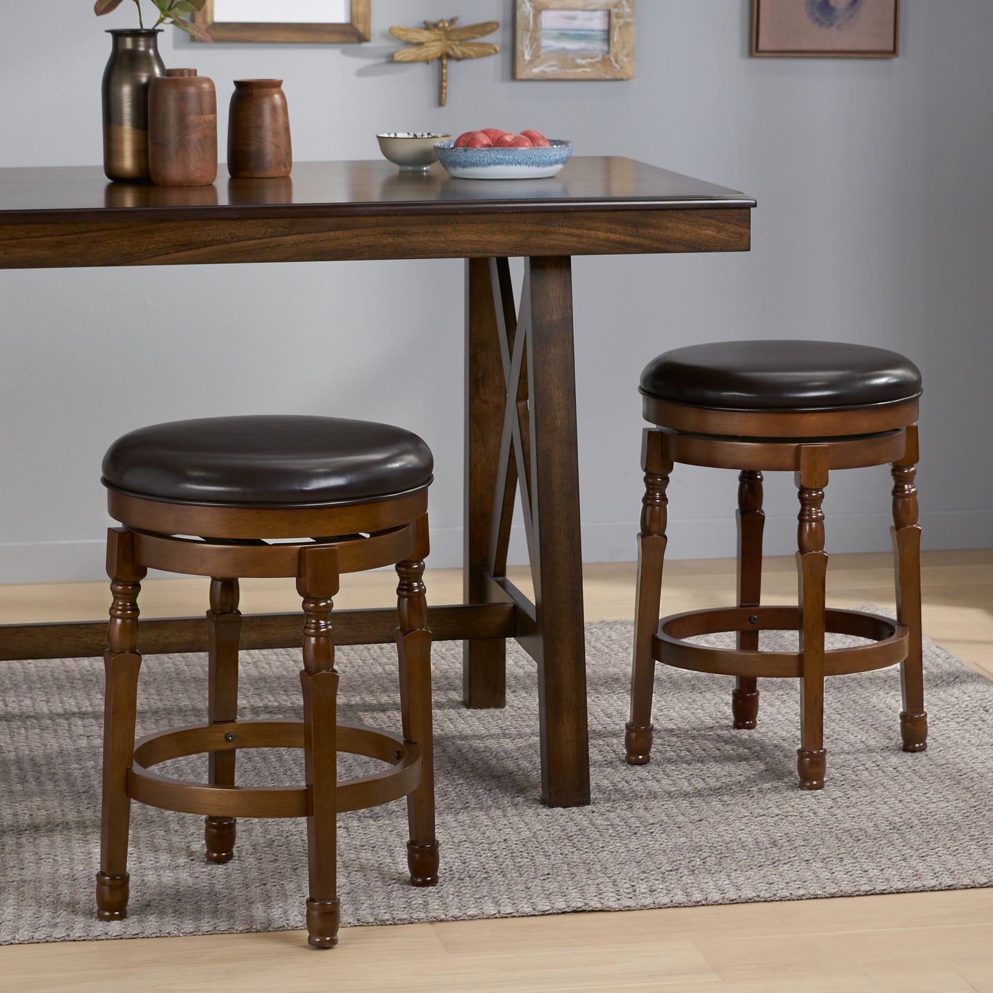 Landis - Set of 2 - 25" Chocolate Brown Faux Leather Swivel Counter Stools with Backless Design