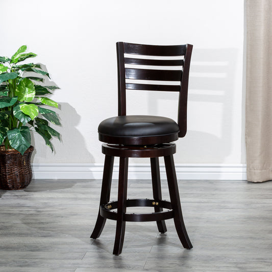 Wellington - Set of 2 - 24" Counter Height Swivel Stools, Espresso Finish with Black Leather Upholstered Seat