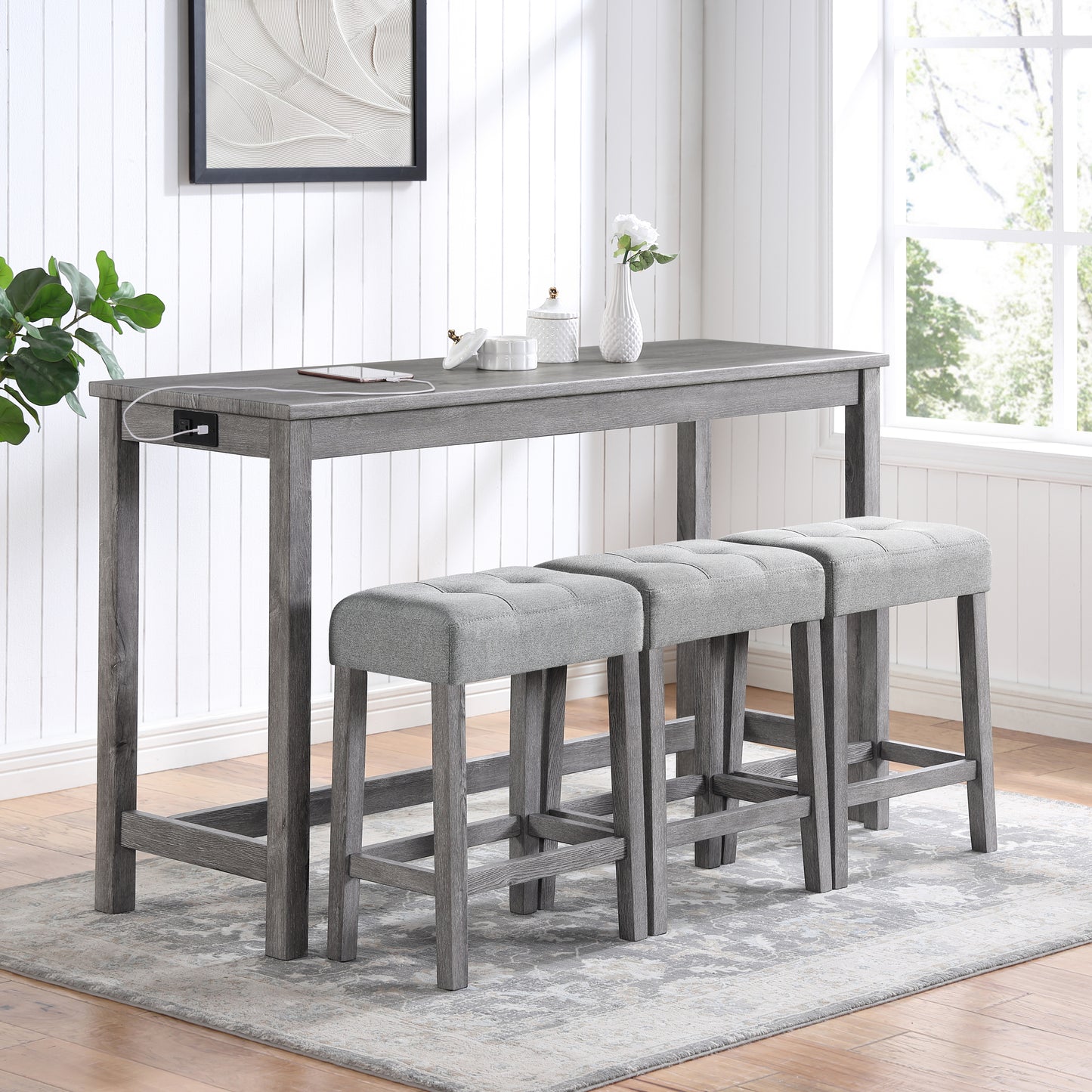 Edmonia - Set of 4 - 24.25" Industrial Bar Table Set - Gray Solid Wood Dining Table with Power Outlet and Ergonomic Bar Stools