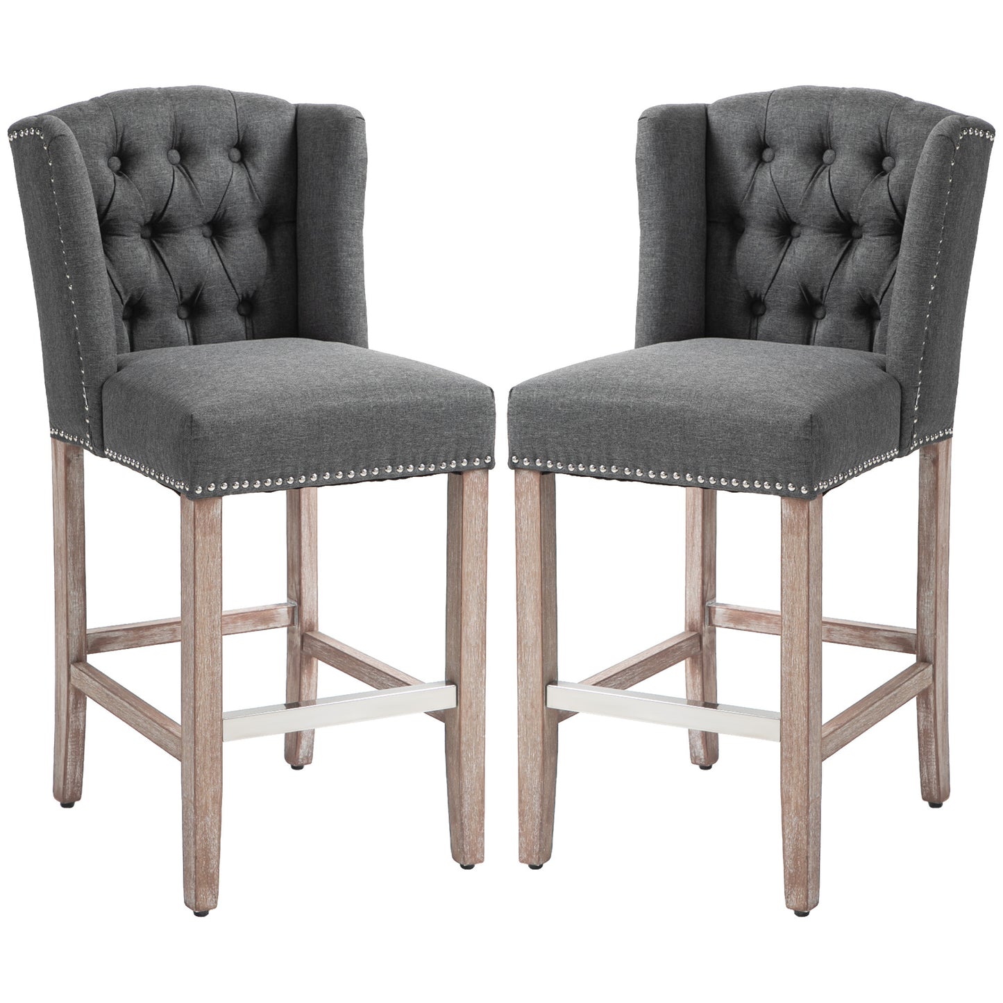 Halerion - Set of 2 - 27" Dark Gray Upholstered Counter Height Bar Stools with Tufted Back, Nailhead Trim, and Wooden Legs – Farmhouse Kitchen Island Stools