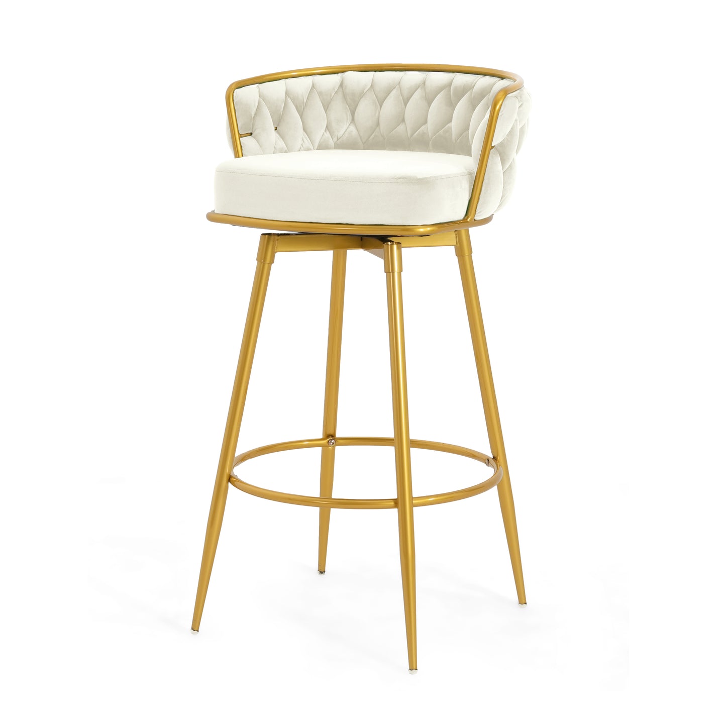 Stalbrook - Set of 2 - 31.5” Swivel Counter Height Bar Stools with Hand-Woven Backrest, Gold Metal Legs, Beige Upholstered Seats