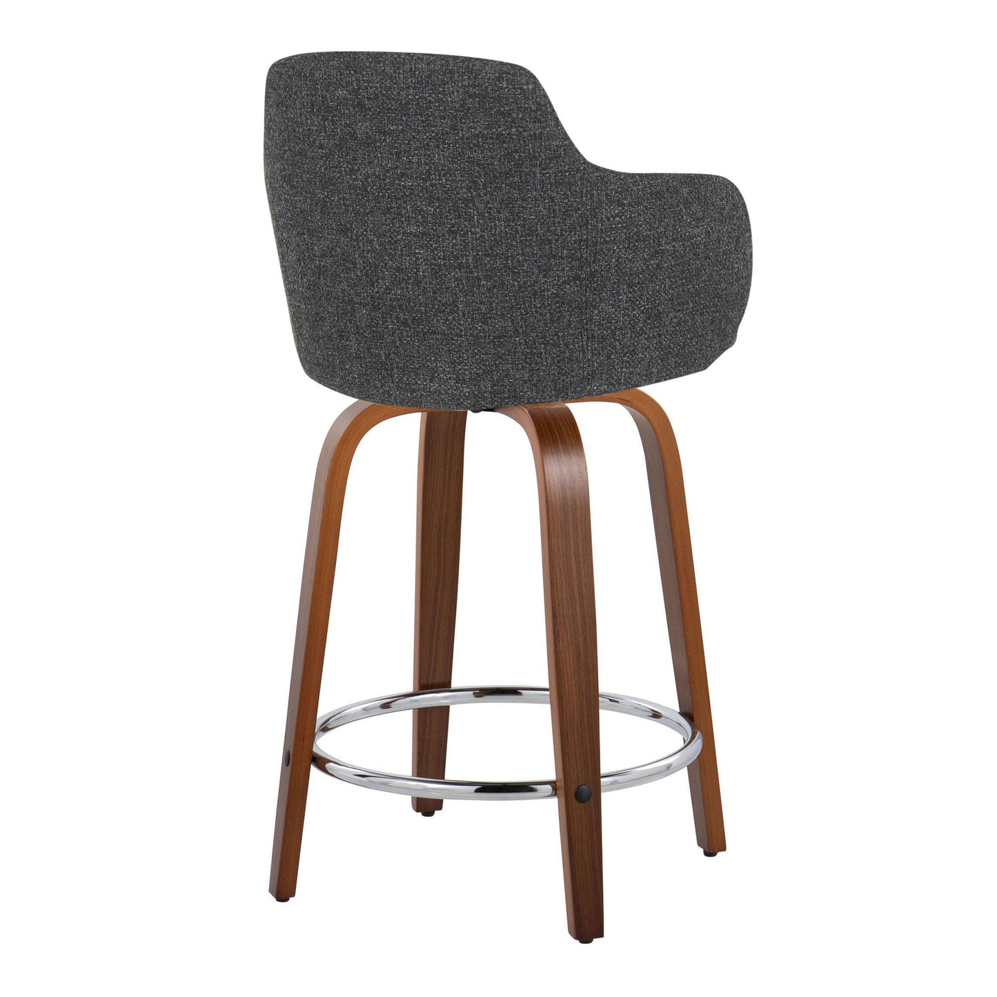 Fyralis - Set of 2 - 24" Fixed-Height Counter Stools in Dark Grey Noise Fabric with Walnut Wood Base and Chrome Footrest