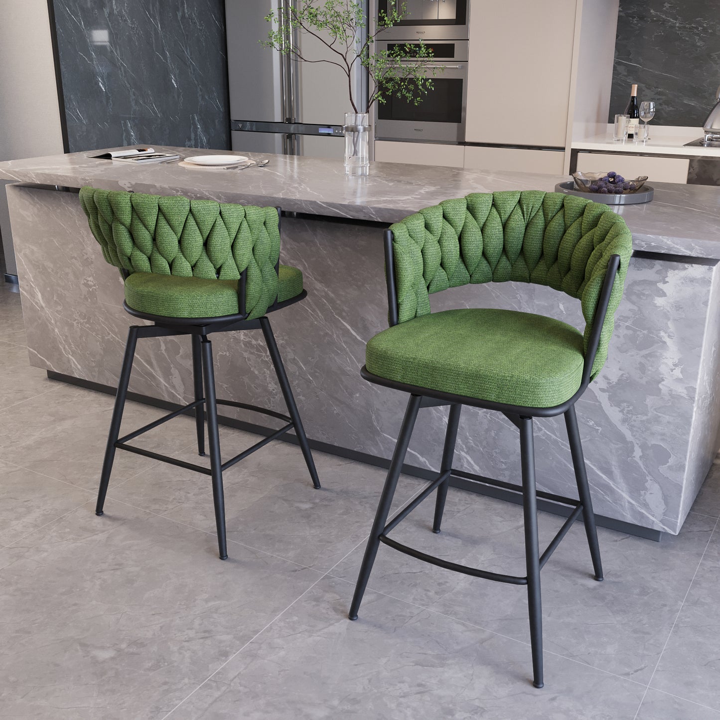 Wistova - Set of 2 - 26" Green Linen Woven Swivel Bar Stools with Black Metal Base, Backrest & Footrest