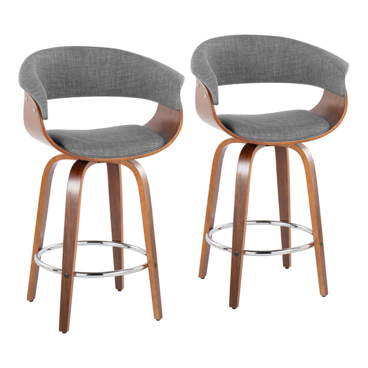 Merce - Set of 2 - 26" Walnut Wood & Light Grey Fabric Swivel Counter Stools with Chrome Footrest