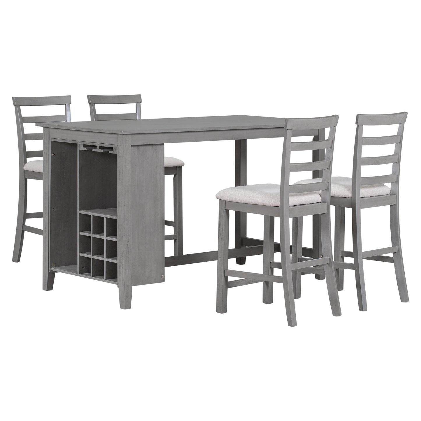 Tymorath - Set of 5 - 26" Gray Counter Height Dining Set with Solid Wood Table, Padded Chairs, Integrated Wine Storage, and Glass Holders - 35.4" Height