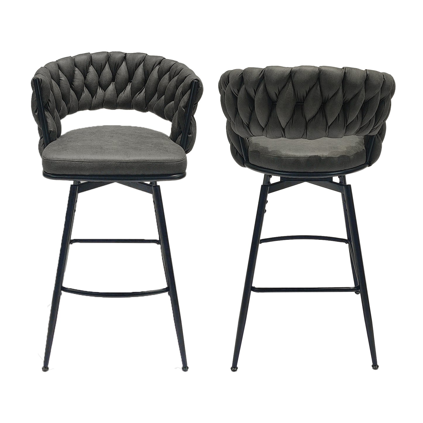 Larixton - Set of 2 - 26" Tan Technical Leather Woven Bar Stools with 360° Swivel, Modern Upholstered Design, Backrest & Footrest