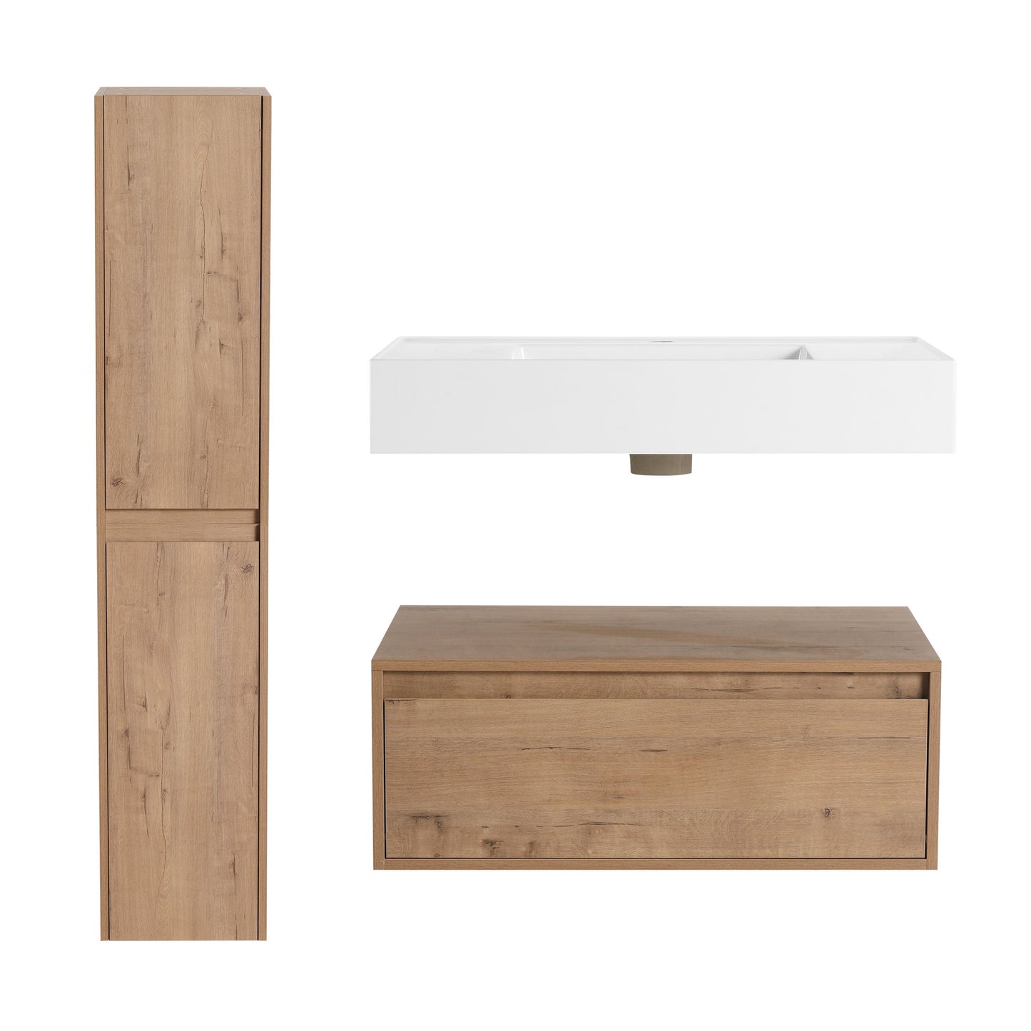 Modern Wall Mounted 30 Inch Bathroom Vanity With Resin Sink And 2 Side Cabinet - Imitative Oak