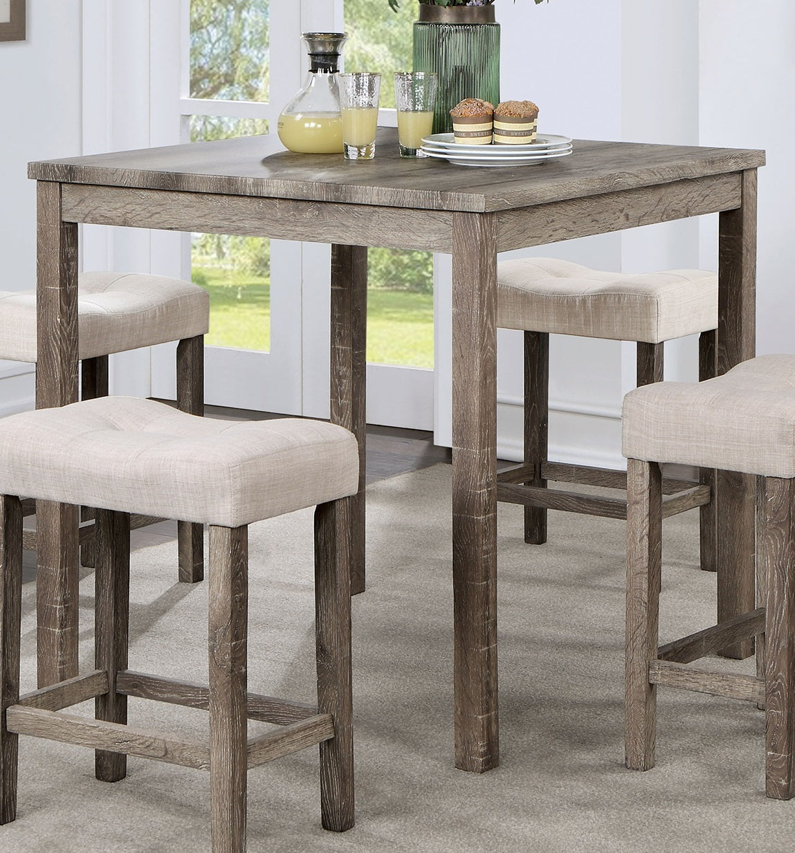 Torreon - Set of 5 - 24" Stool - Gray & Beige Transitional Counter Height Dining Set with Fabric Upholstered Saddle Seat Stools, Solid Wood Dining Table