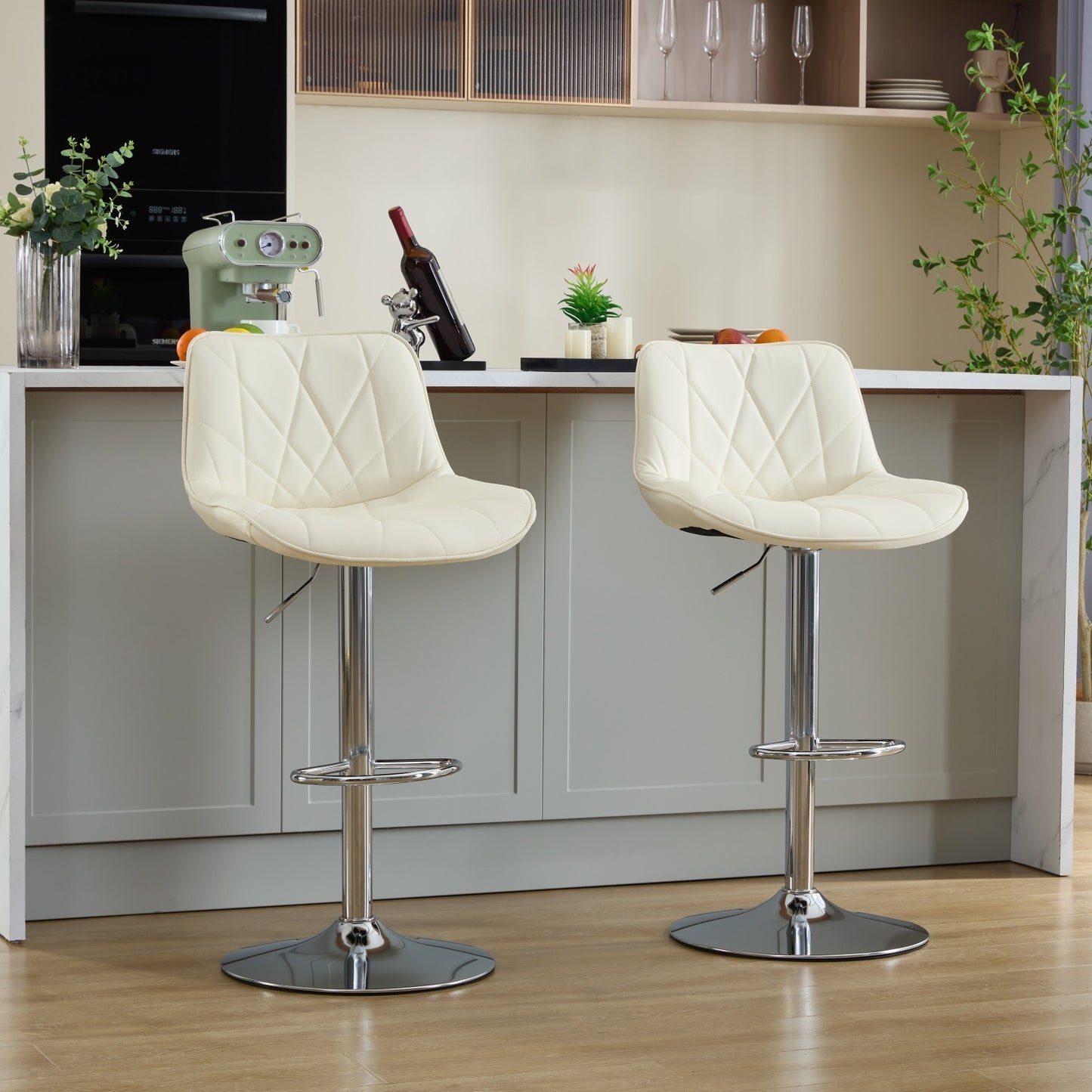 Shira - Set of 2 - 25-33" Cream PU Leather Adjustable Swivel Bar Stools with Back, Chrome Base, and Ergonomic Design for Kitchen Island or Bar