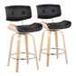 Lomba – Set of 2 - 21" Black Faux Leather & Natural Wood Swivel Counter Stools with Chrome Footrest – Mid-Century Modern Design by LumiSource