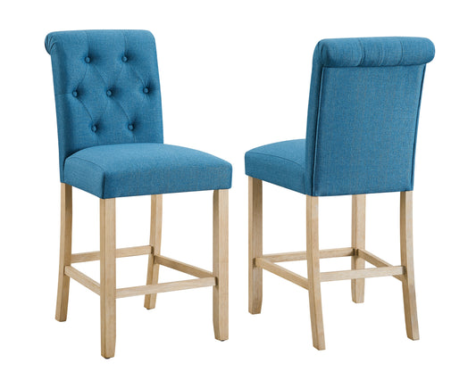 Shelby - Set of 2 - 26" Counter Height Button-Tufted Back Stools with Solid Wood Frame, Blue, for Kitchen/Dining