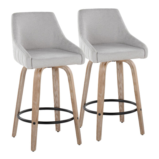 Hivemind - Set of 2 - 26" Cream Upholstered Swivel Counter Stools with Whitewashed Wood Legs and Black Footrest