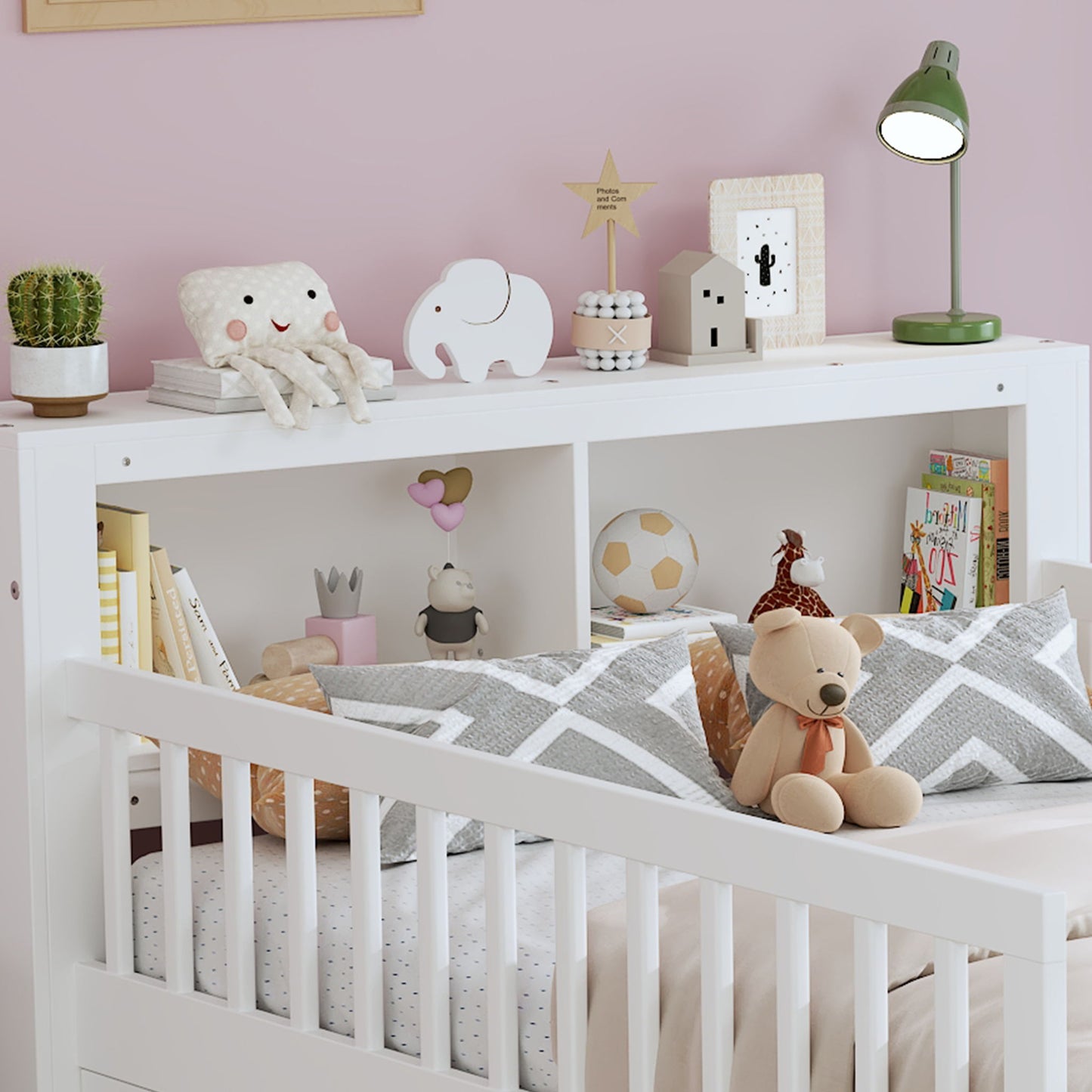 Bed With Headboard Storage Rack, 2 Under Bed Drawers, 3 Side Guardrails For Safety