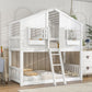 House Bunk Bed With Roof, Window, Window Box, Door, With Safety Guardrails And Ladder