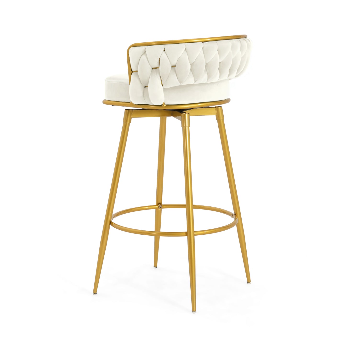 Stalbrook - Set of 2 - 31.5” Swivel Counter Height Bar Stools with Hand-Woven Backrest, Gold Metal Legs, Beige Upholstered Seats