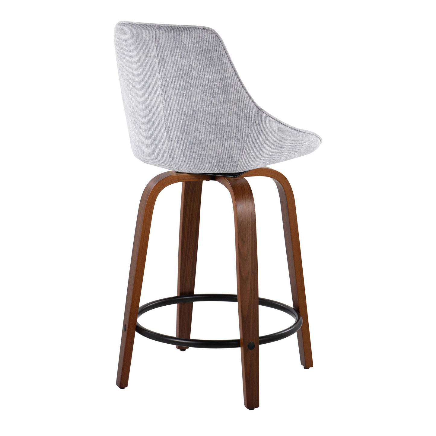 Diana - Set of 2 - 24" Fixed-Height Swivel Counter Stool with Walnut Wood & Grey Corduroy Seat and Black Metal Footrest