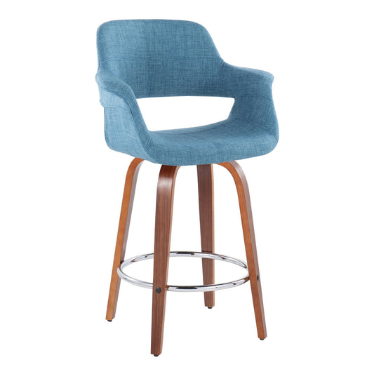 Luan - Set of 2 - 26" Blue Fabric Mid-Century Modern Counter Stools with Walnut Wood and Chrome Footrest