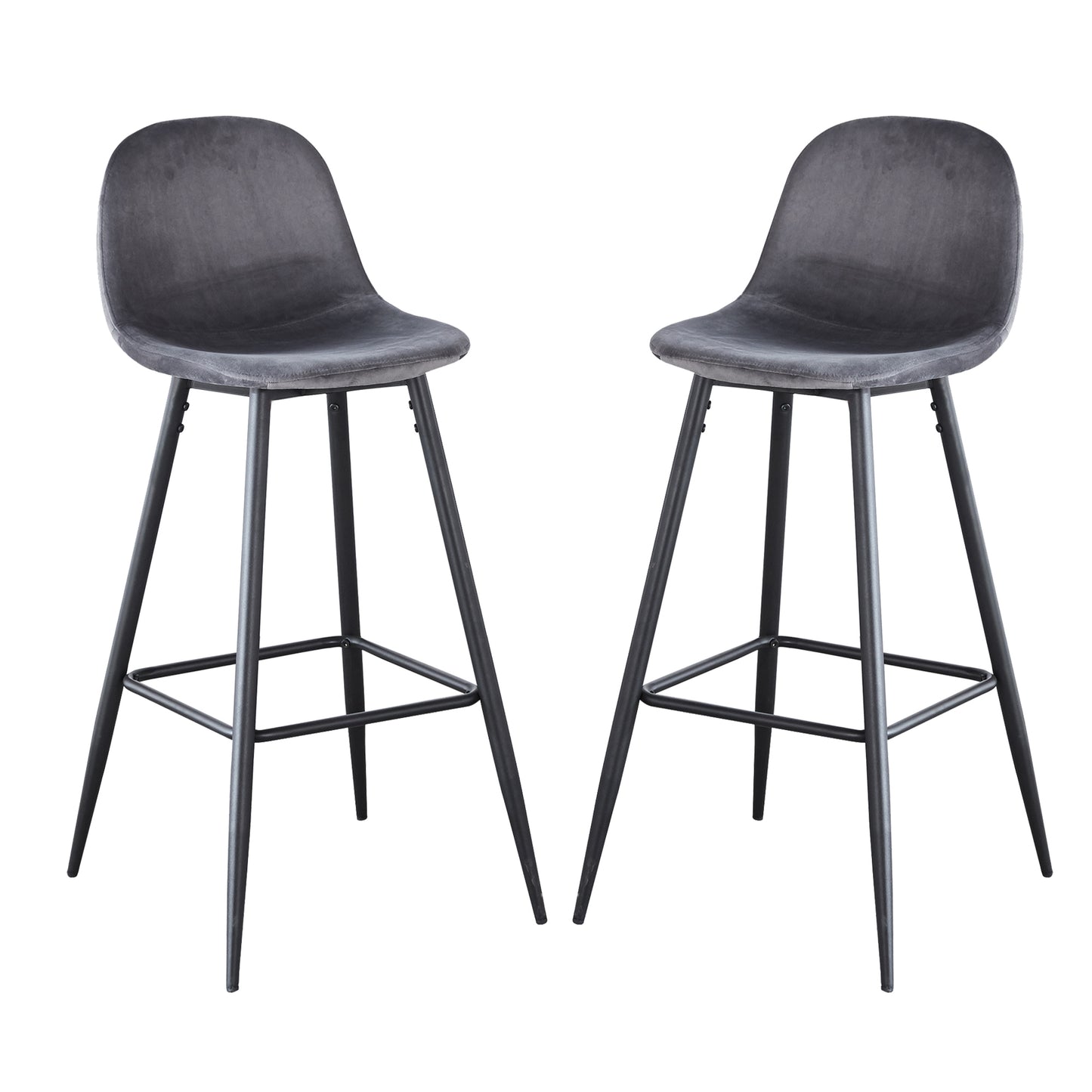 Nero - Set of 2 - 30" Dark Grey Velvet Bar Stools with Backrest, Black Metal Legs, and Footrests