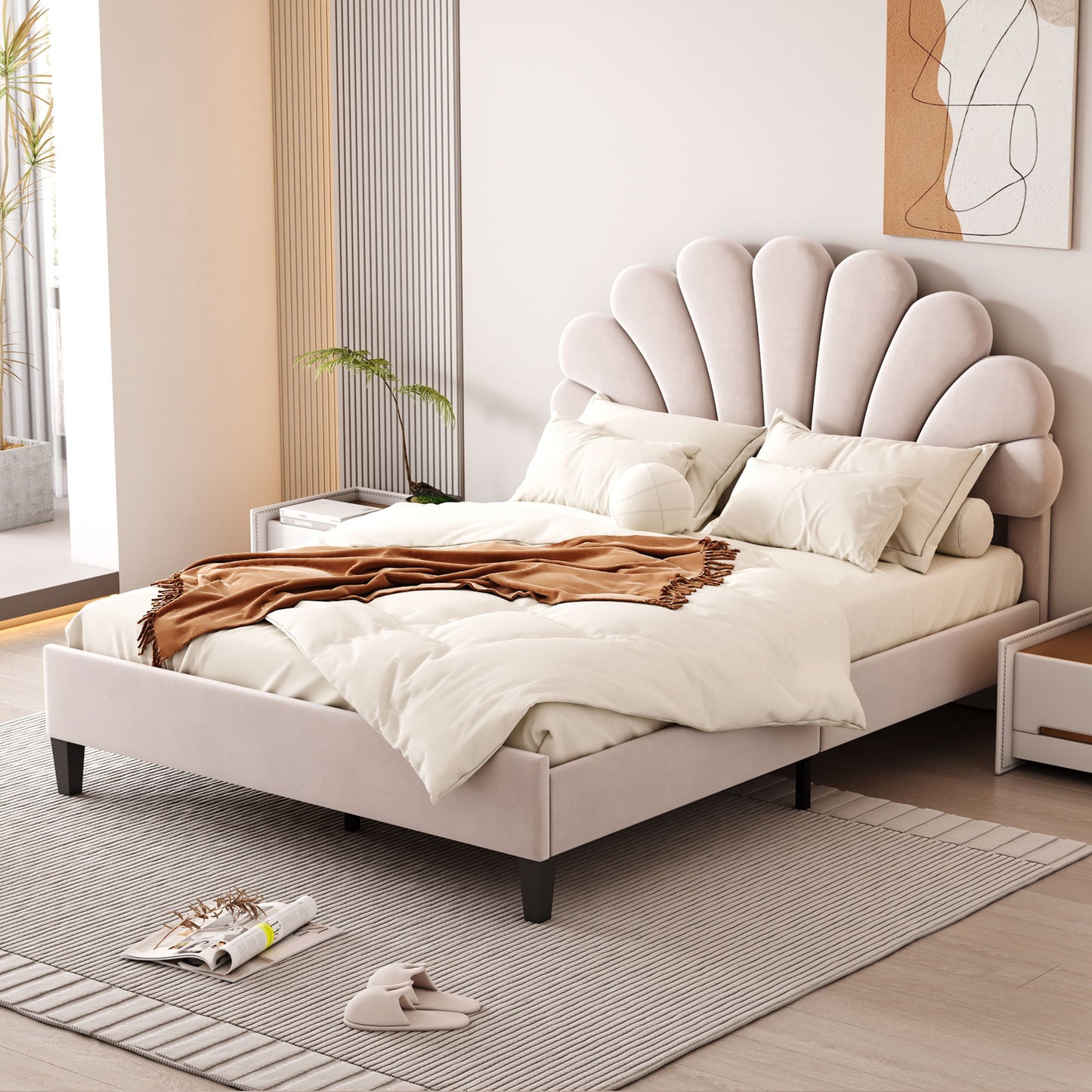 Upholstered Platform Bed With Flower Pattern Headboard